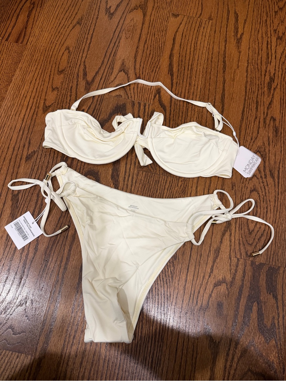 Monday Swimwear Cream Tie-Front Bandeau Bikini